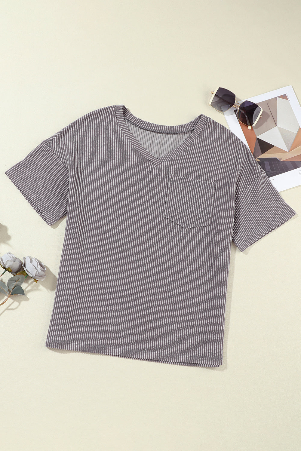 Light Grey Ribbed V Neck Pocket Drop Sleeve T-Shirt