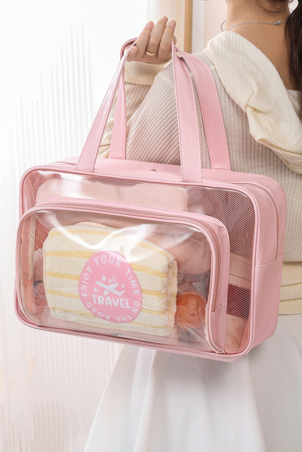 Pink Waterproof Multi Pockets Transparent Handle Makeup Bag