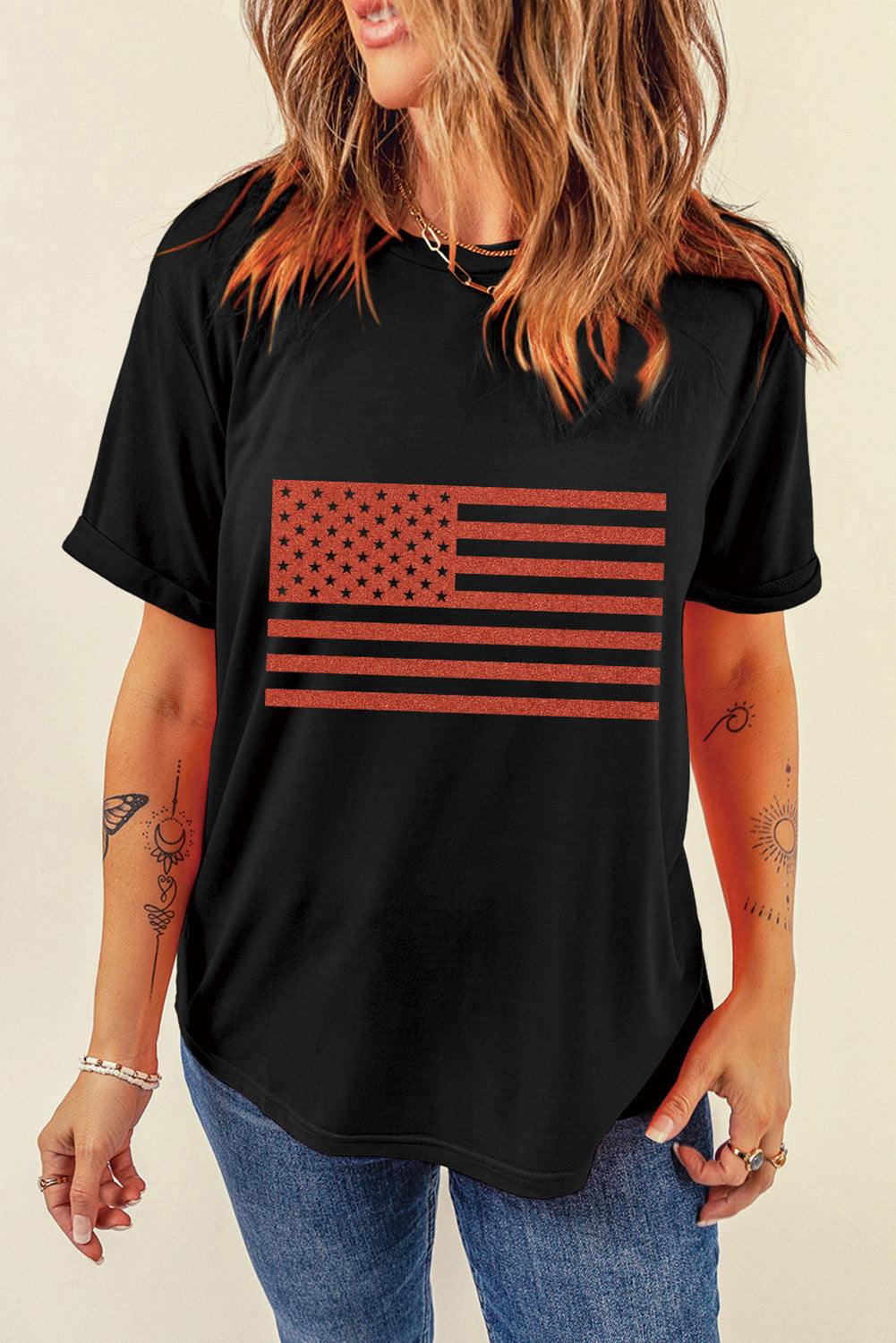 Black Sequin American Flag Graphic Round Neck T Shirt