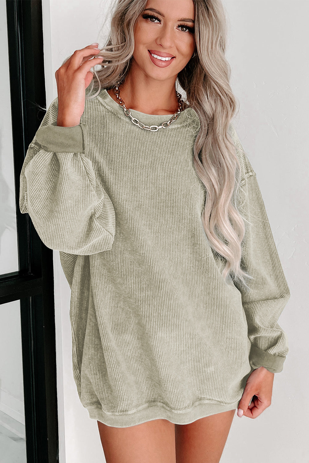 Khaki Solid Ribbed Round Neck Pullover Sweatshirt