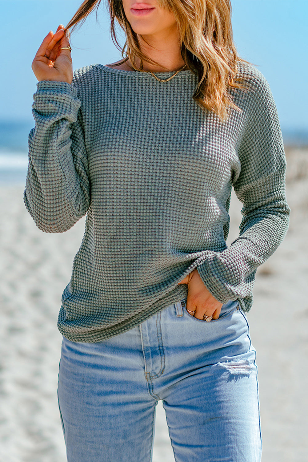 Navy Blue Waffle Knit Drop Shoulder Long Sleeve Top