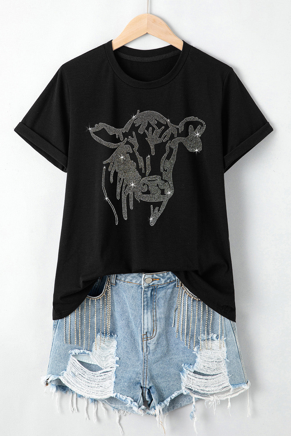 Black Rhinestone Steer Head Graphic T Shirt