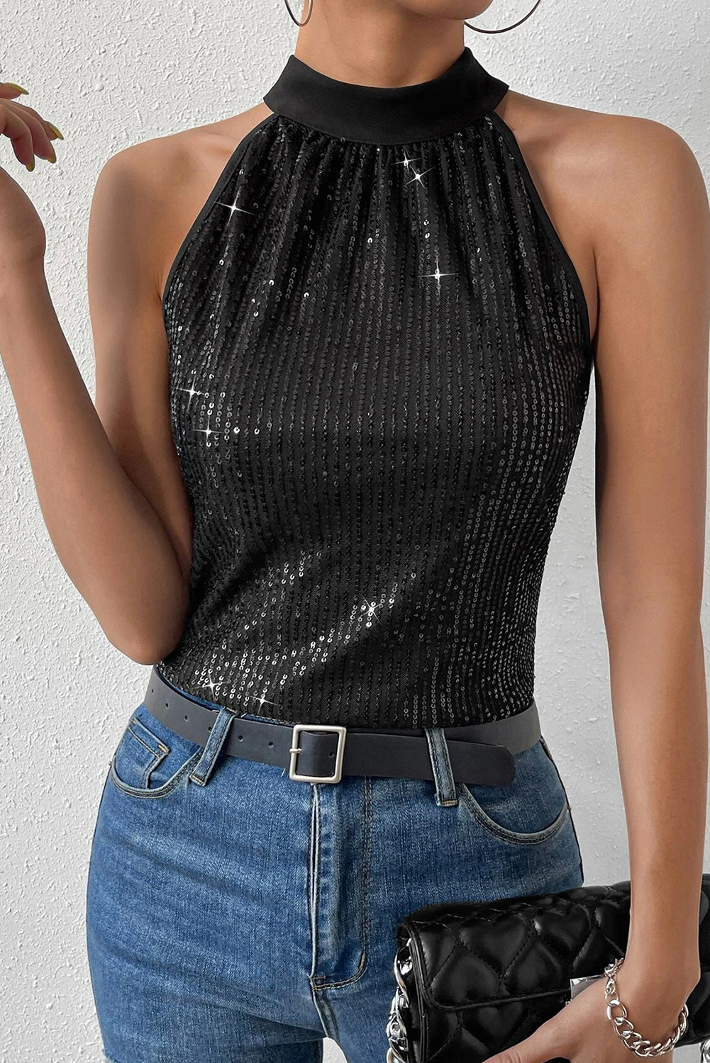 Black Keyhole Tie Back Sequin Tank Top