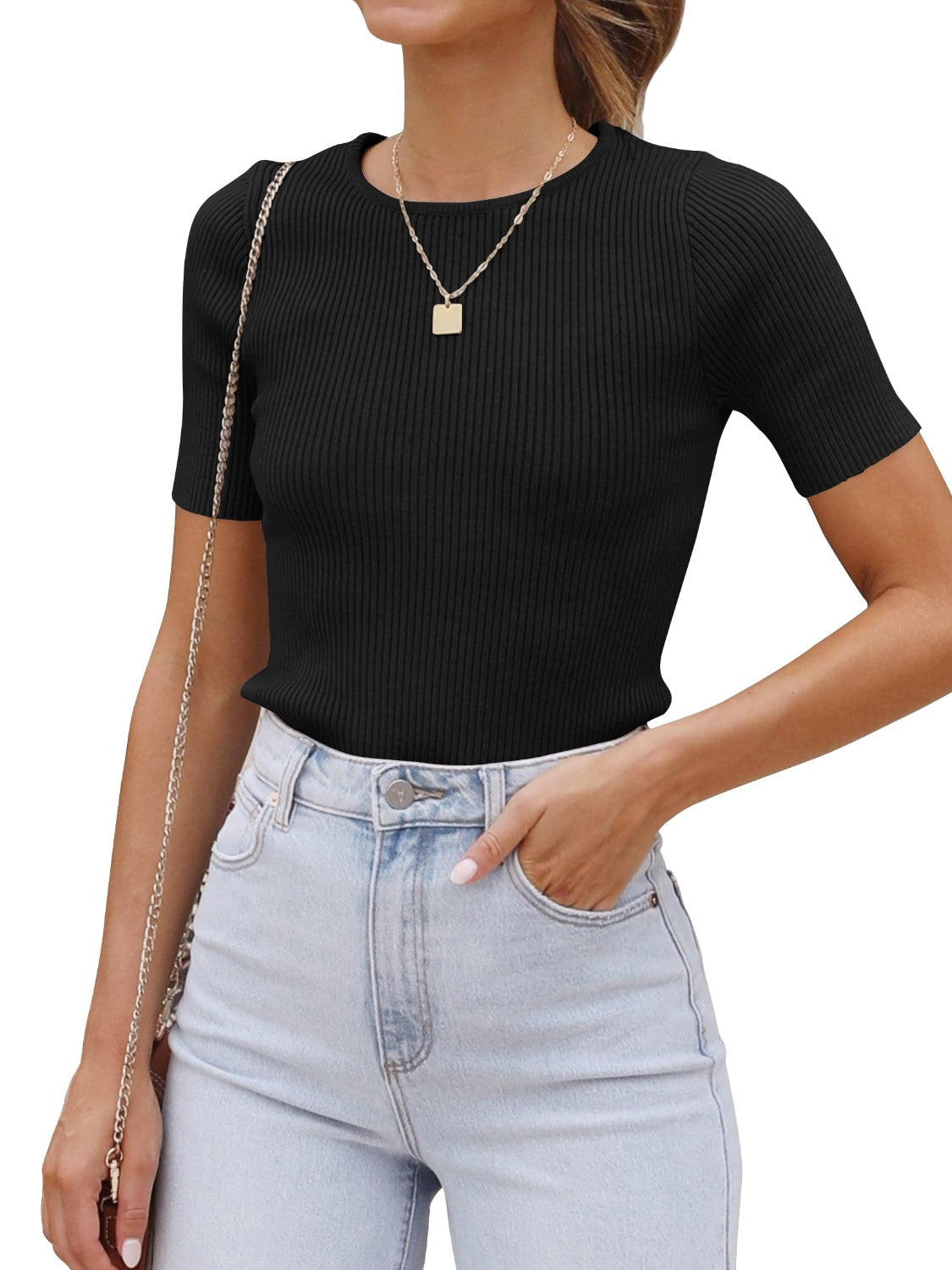 Round Neck Short Sleeve Knit Top