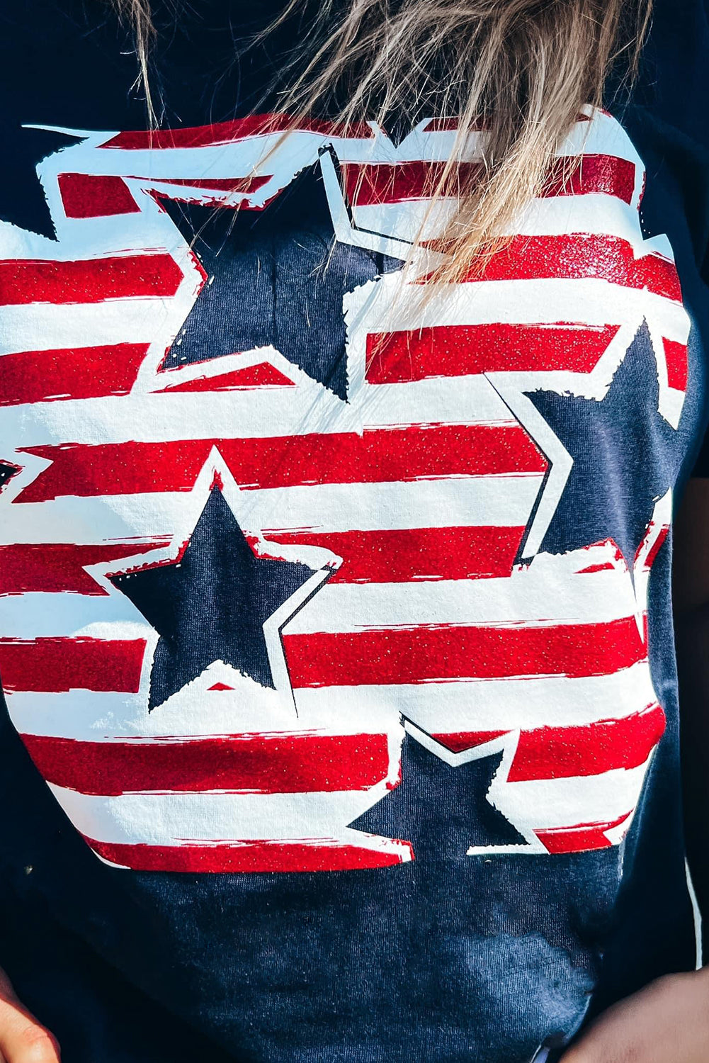 Black Casual Flag Day Star & Stripes Graphic Crewneck Tee