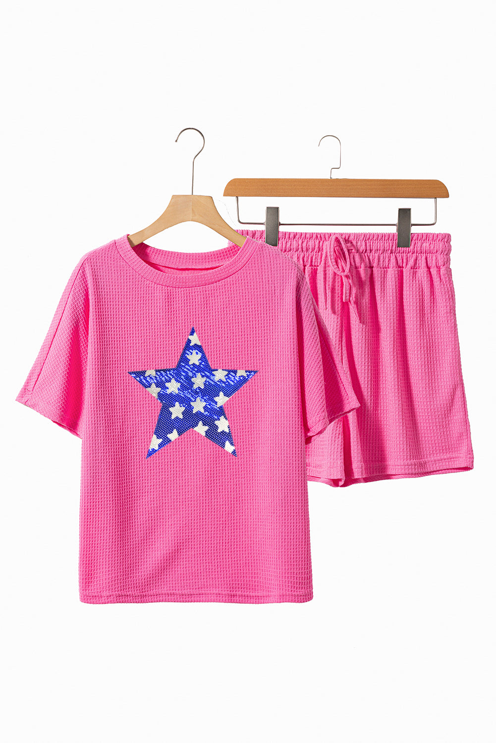 Rose Red Flag Day Sequin Star Waffle Knit Tee and Shorts Set