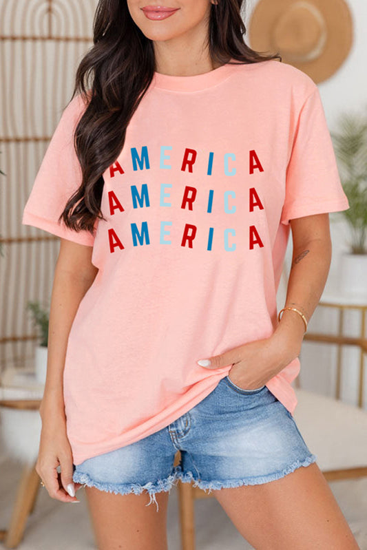 Pink 4th July AMERICA Graphic Crewneck T Shirt