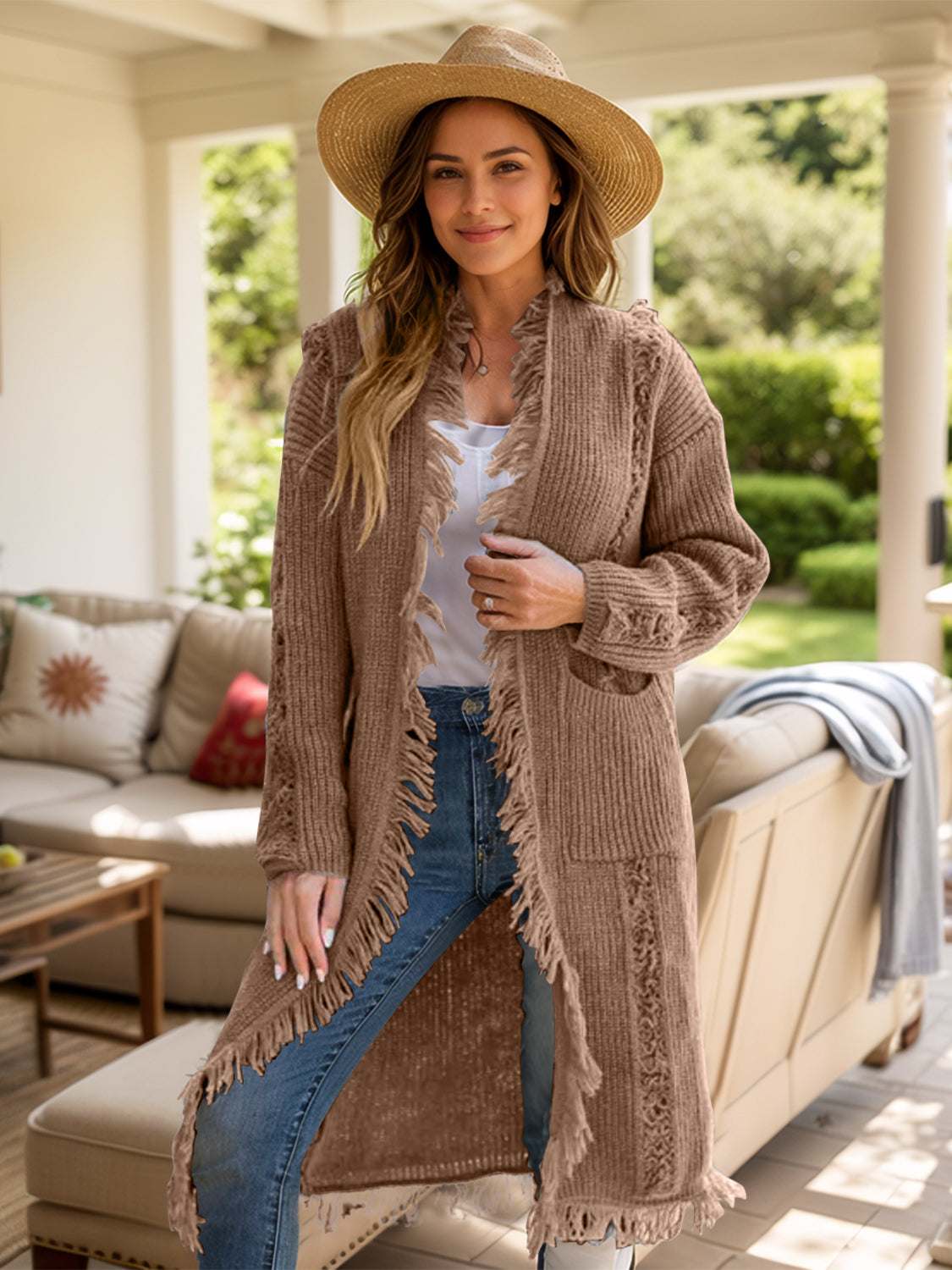 Fringe Open Front Long Sleeve Cardigan