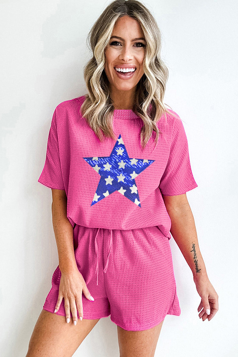 Rose Red Flag Day Sequin Star Waffle Knit Tee and Shorts Set