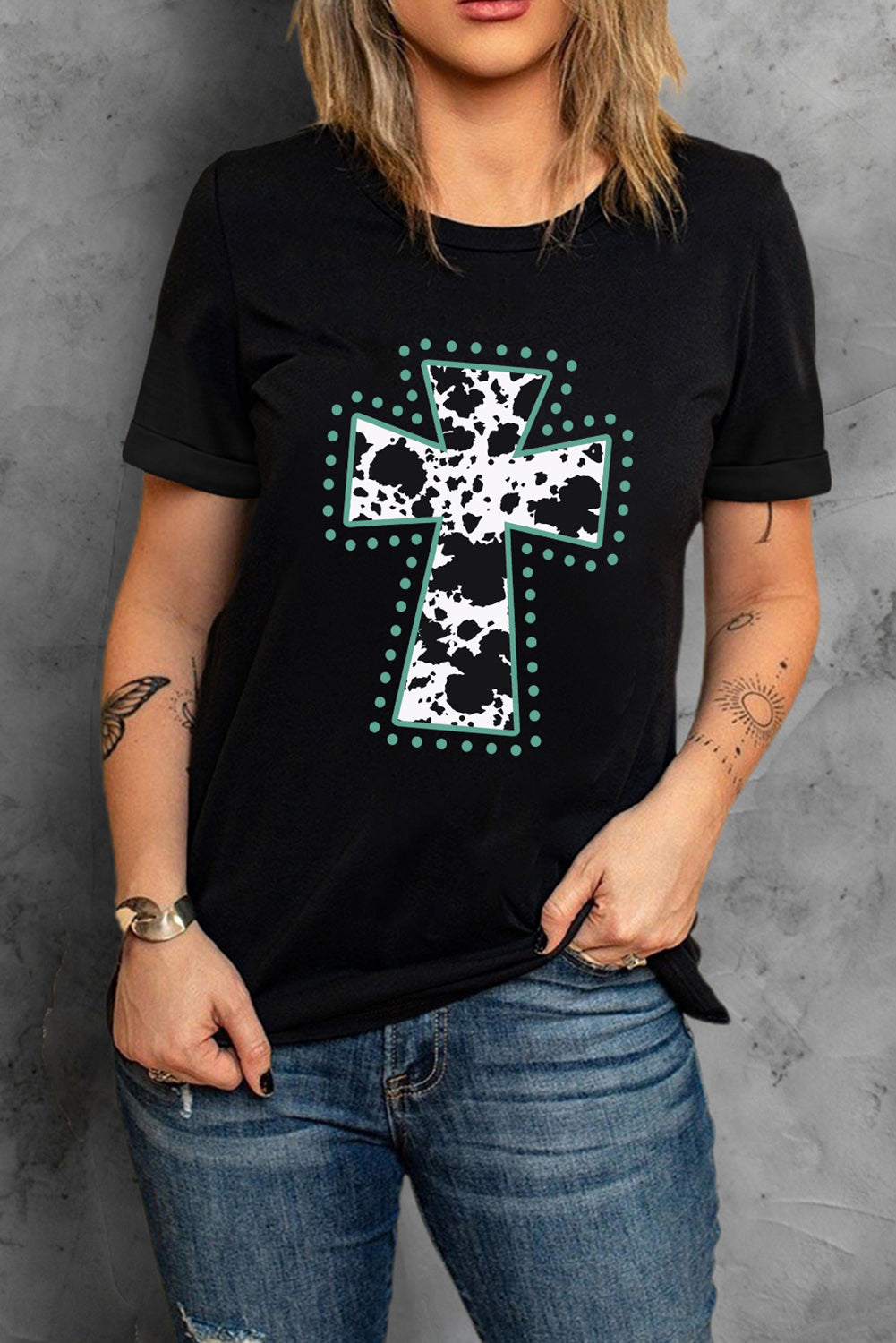 Black Animal Cross Graphic Round Neck Tee