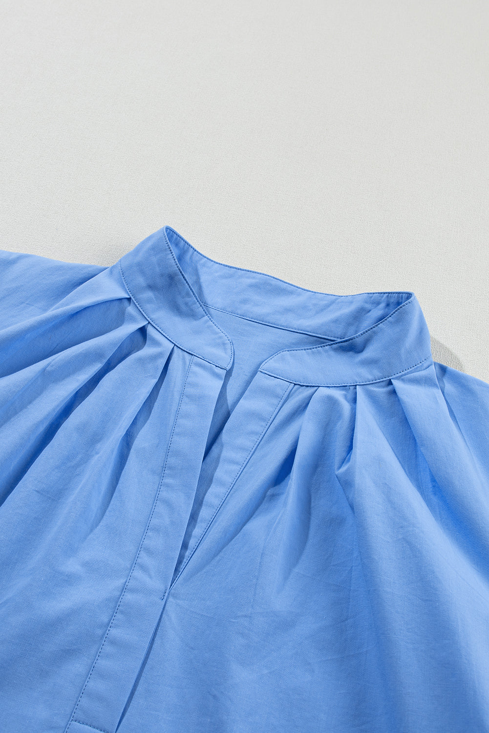 Sky Blue Solid Color Puff Short Sleeve Pleated Blouse