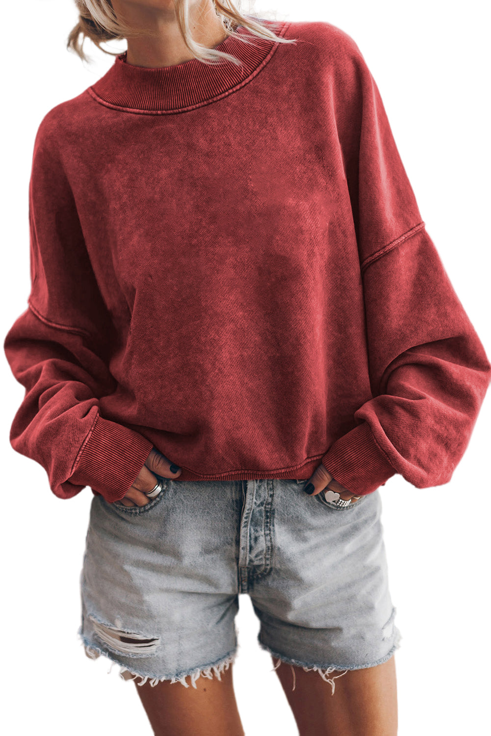 Blue Plain Drop Shoulder Crew Neck Pullover Sweatshirt