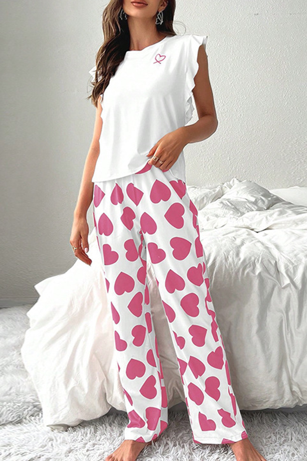 Black Heart Print Ruffle Sleeveless Top and Pants Valentine's Pajama Set