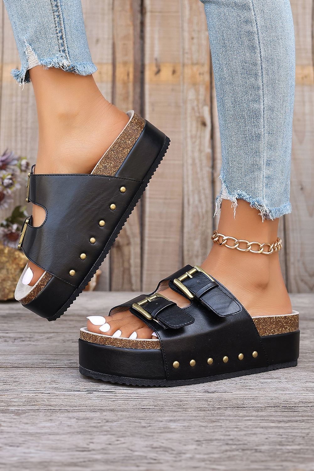 Black Dual Buckle Studded Platform Slides Shoes