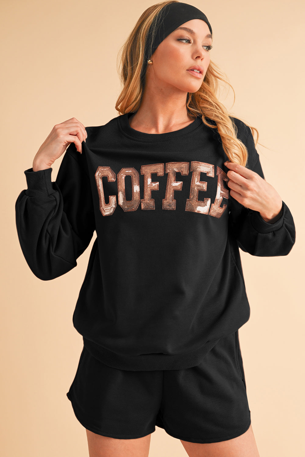 Black Sequins COFFEE Loose Fit Sweatshirt and Shorts Set