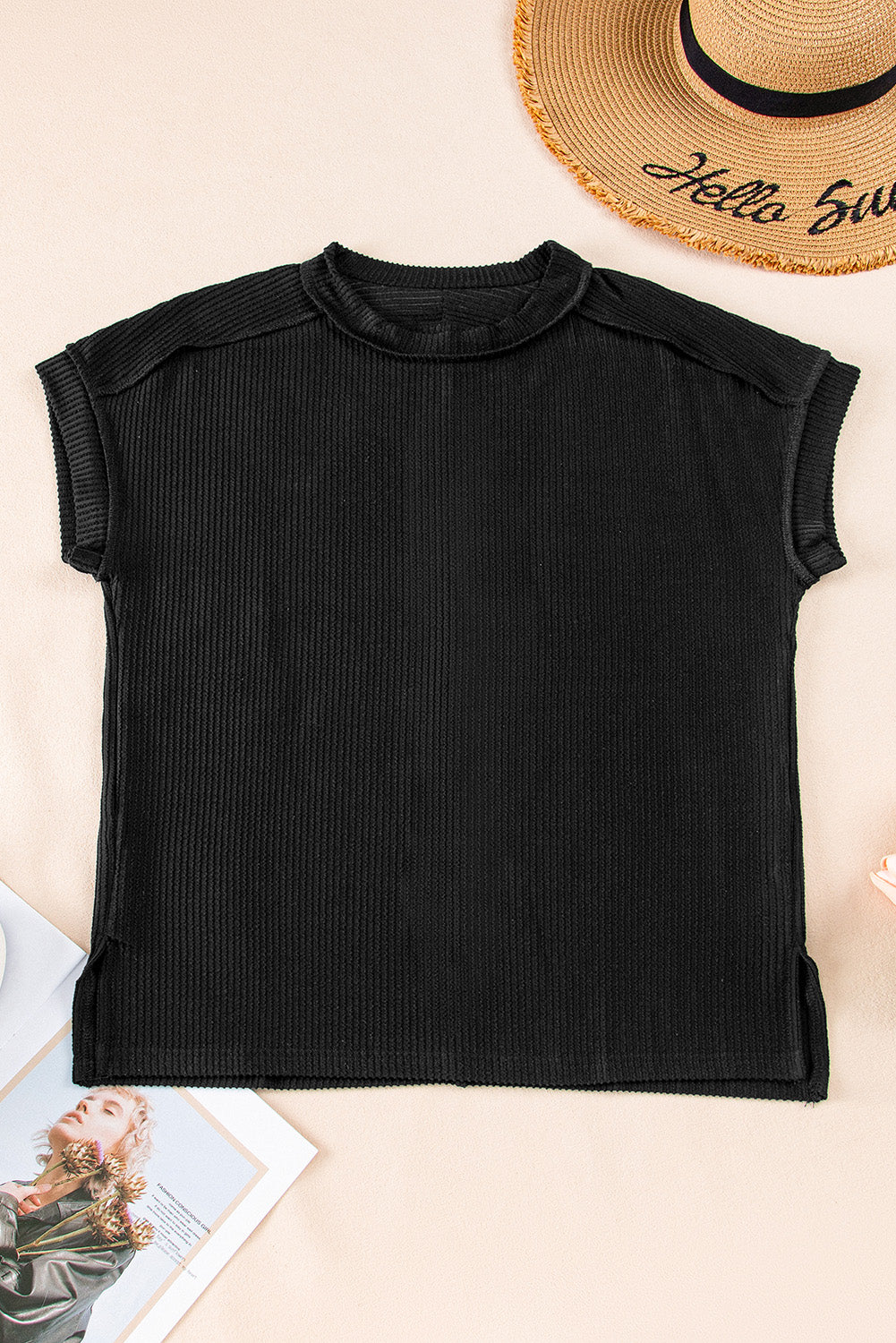 Medium Grey Crinkle Rib Knit Exposed Seam Round Neck T-shirt