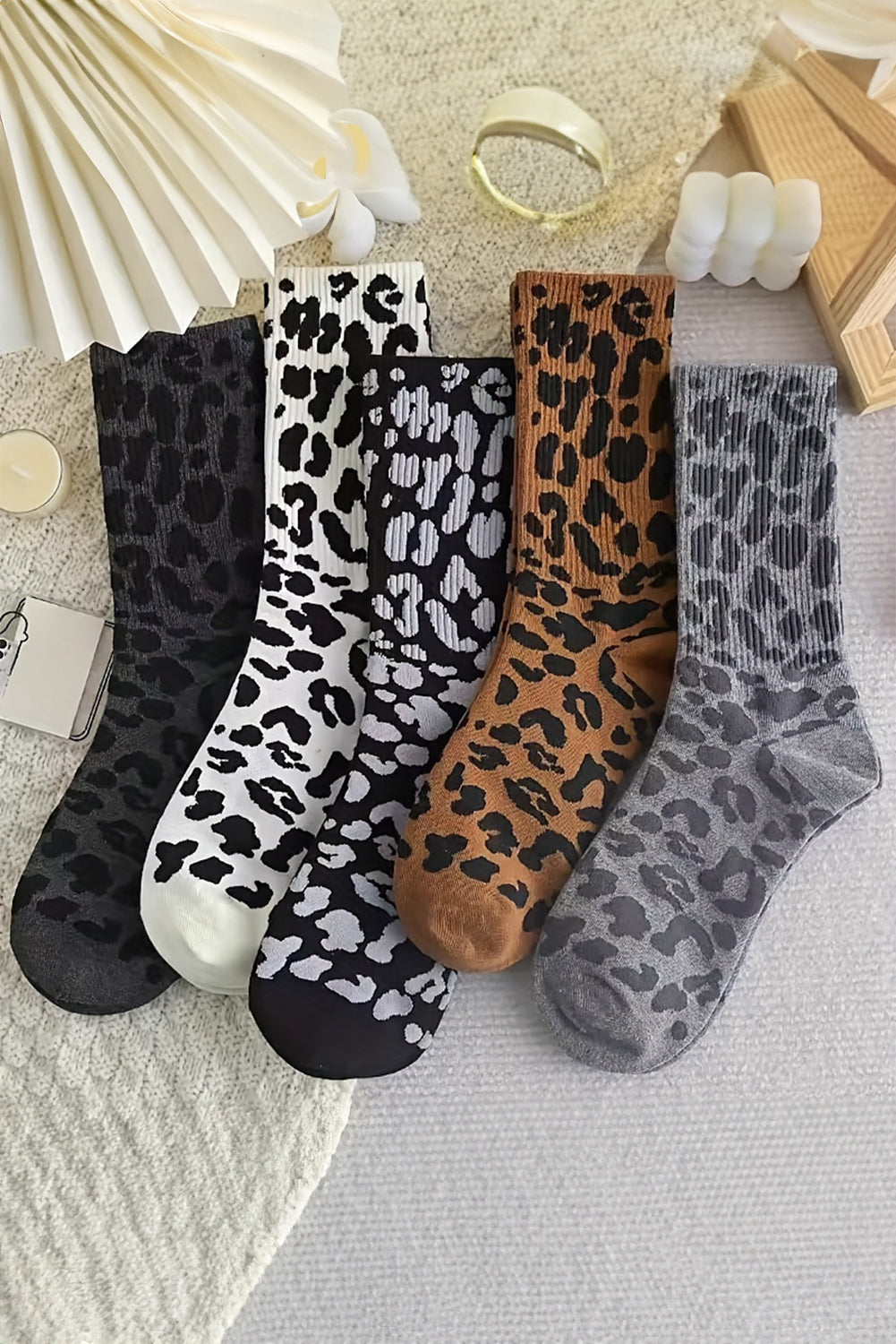 Chestnut Allover Leopard Print Crew Socks