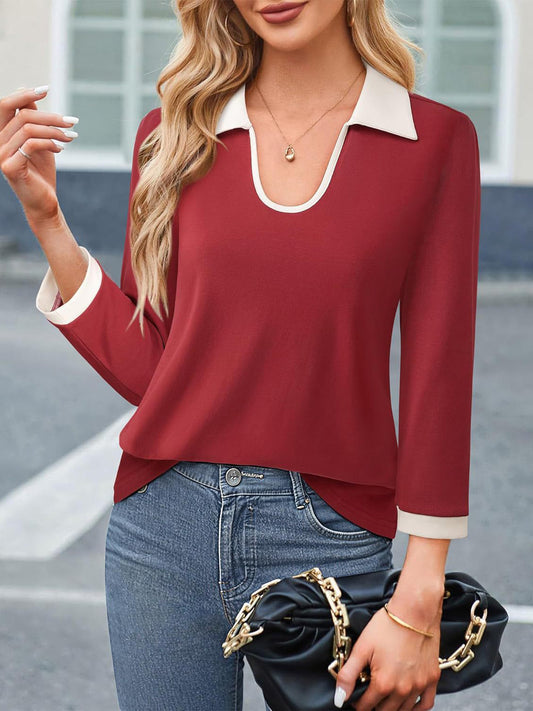 Contrast Collared Neck Long Sleeve Top