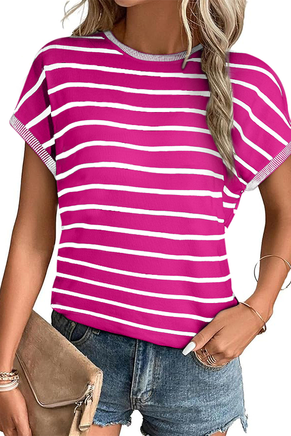 Sky Blue Stripe Knitted Dolman T Shirt