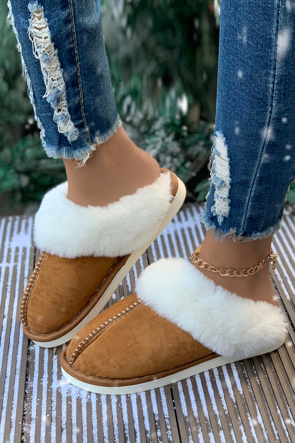 Camel Suede Plush Thick Sole Slides Shoes