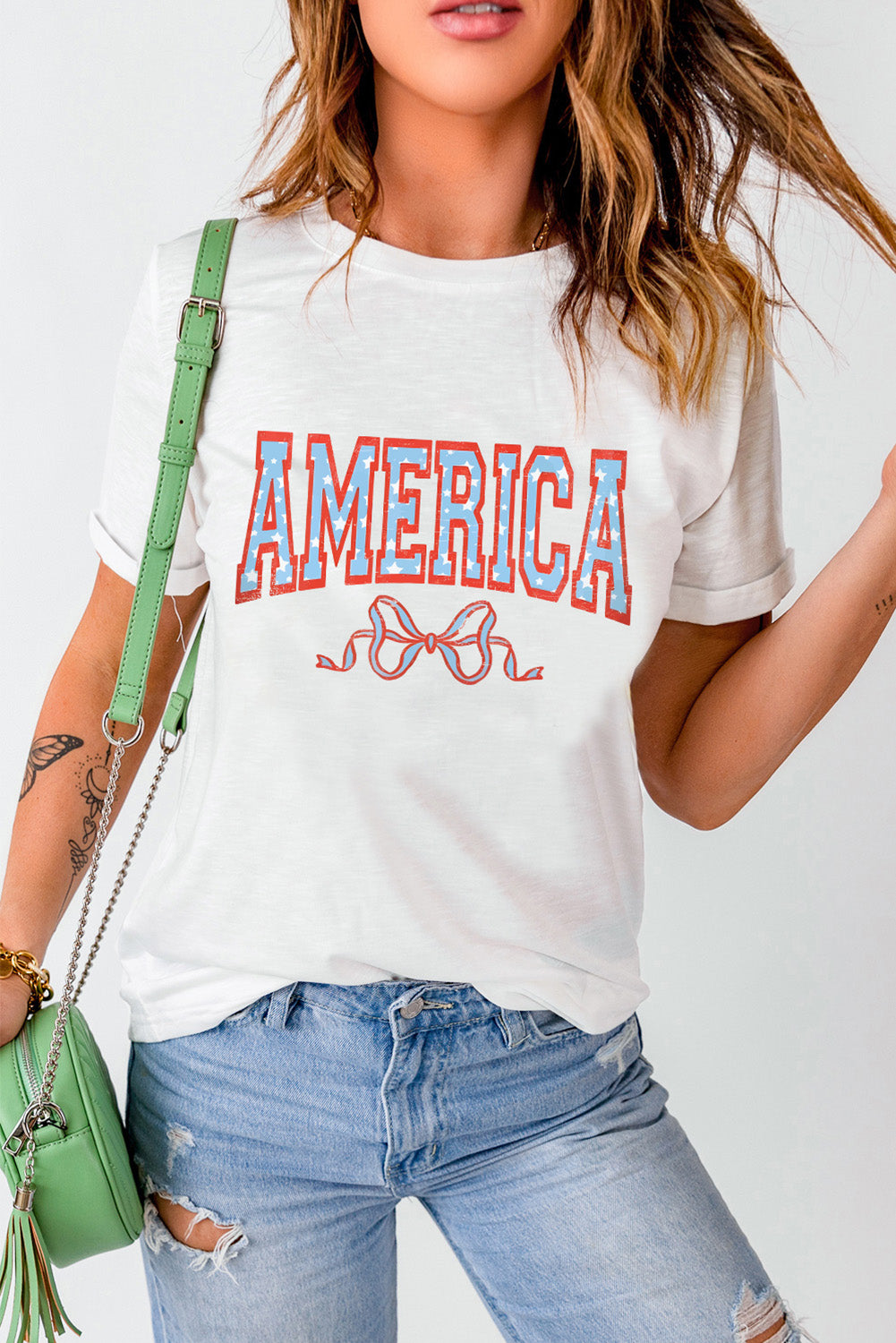 White Casual AMERICA Bow Knot Graphic Crew Neck Tee