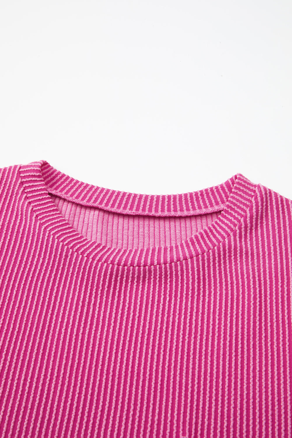 Pink Crinkle Rib Knit Pocketed Loose Fit Crew Neck T Shirt