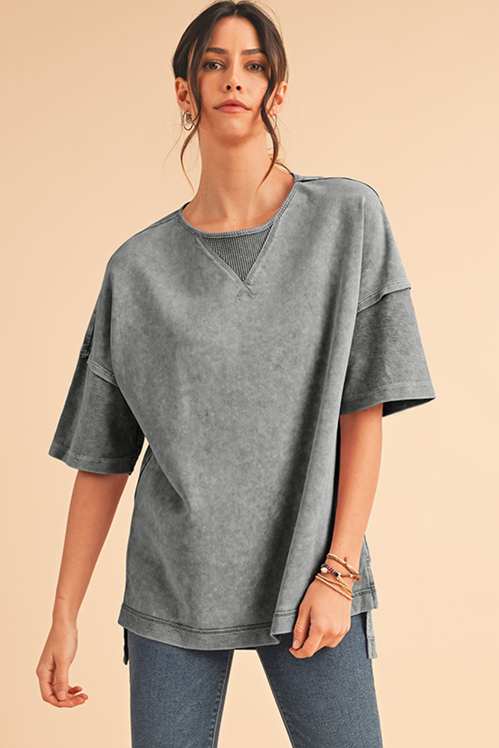 Orchid Petal Mineral Wash Exposed Seam Drop Shoulder Oversized Tee