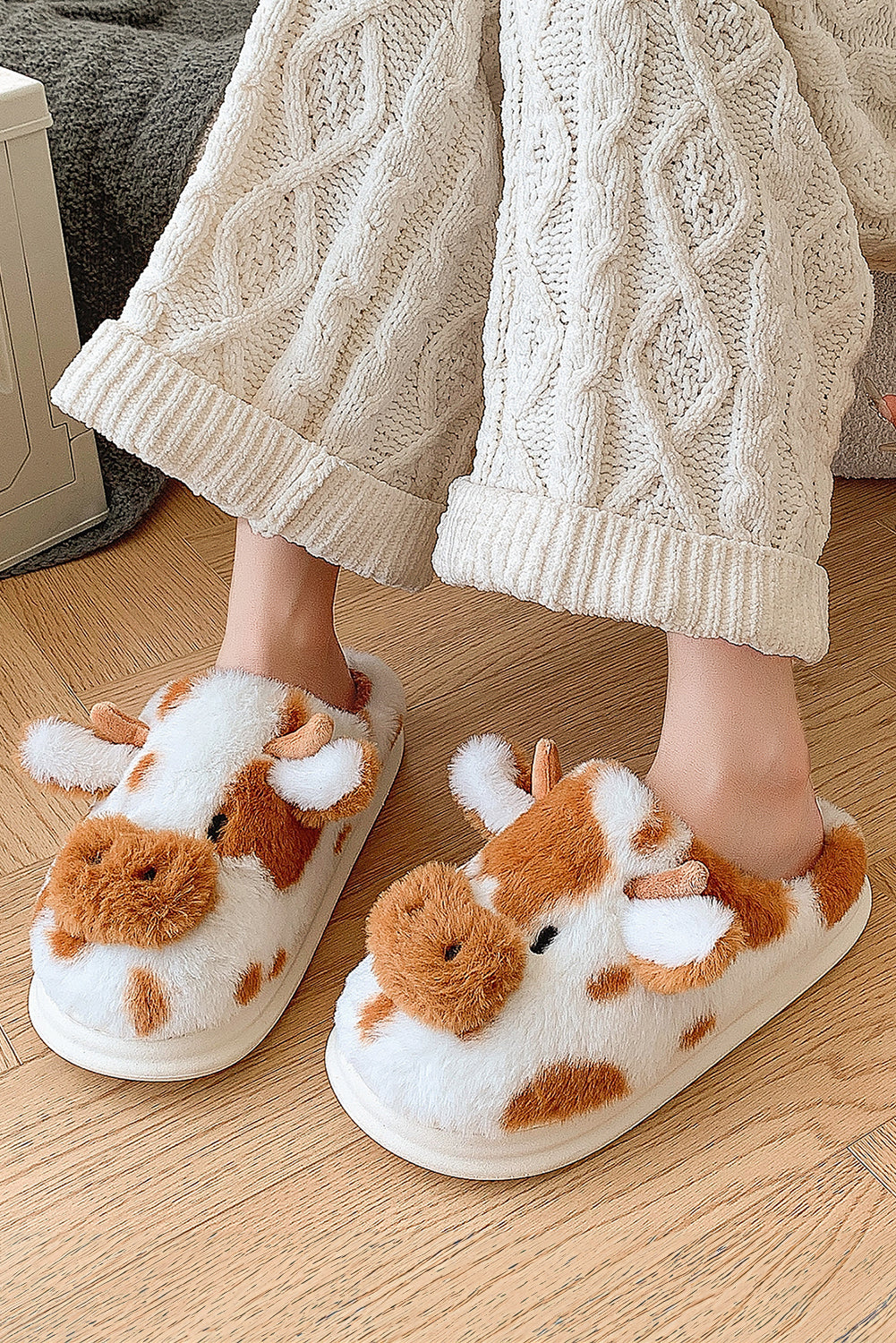 Coffee Plush Cartoon Cow Thermal Home Slippers