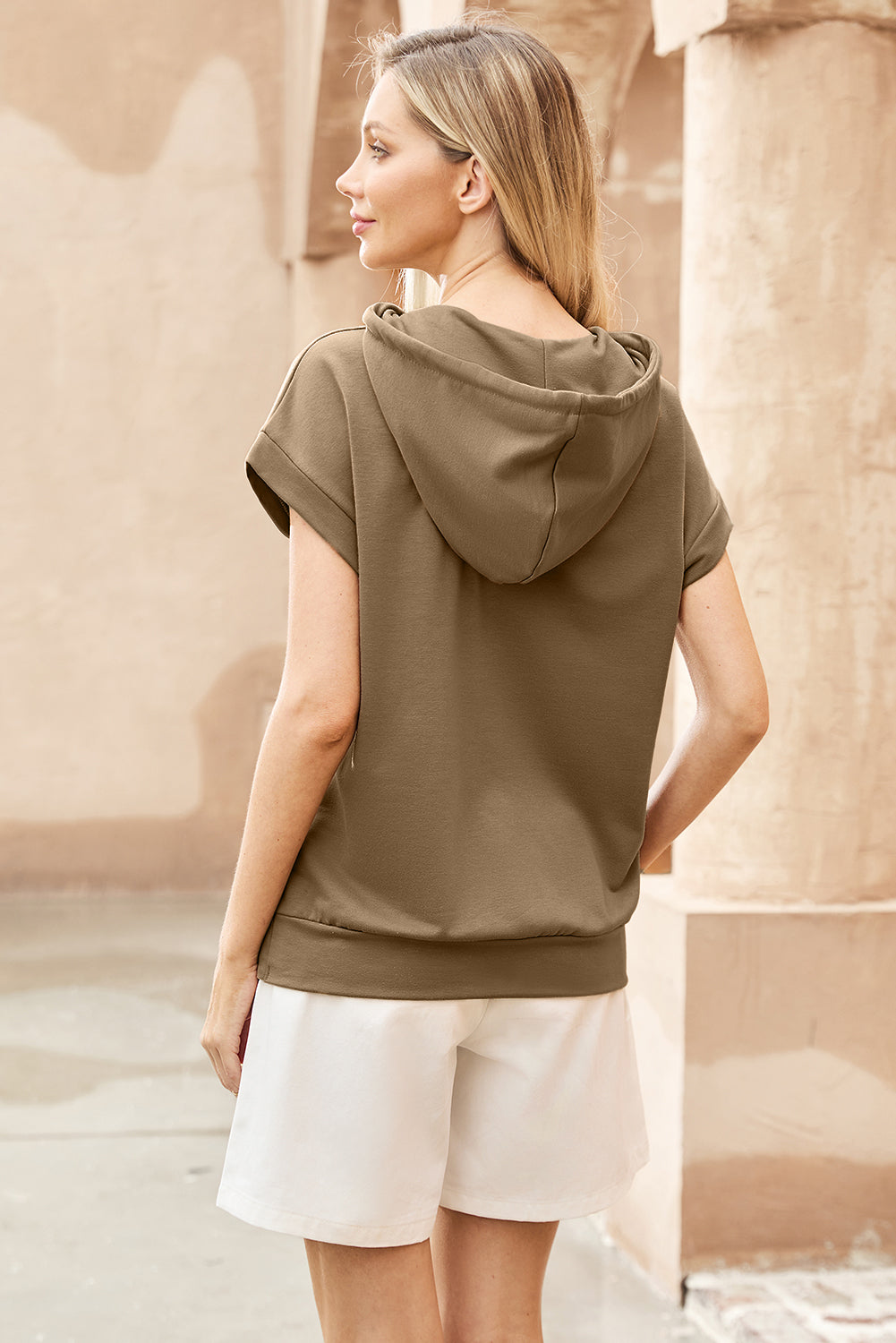 Drawstring Quarter Snap Cap Sleeve Hoodie