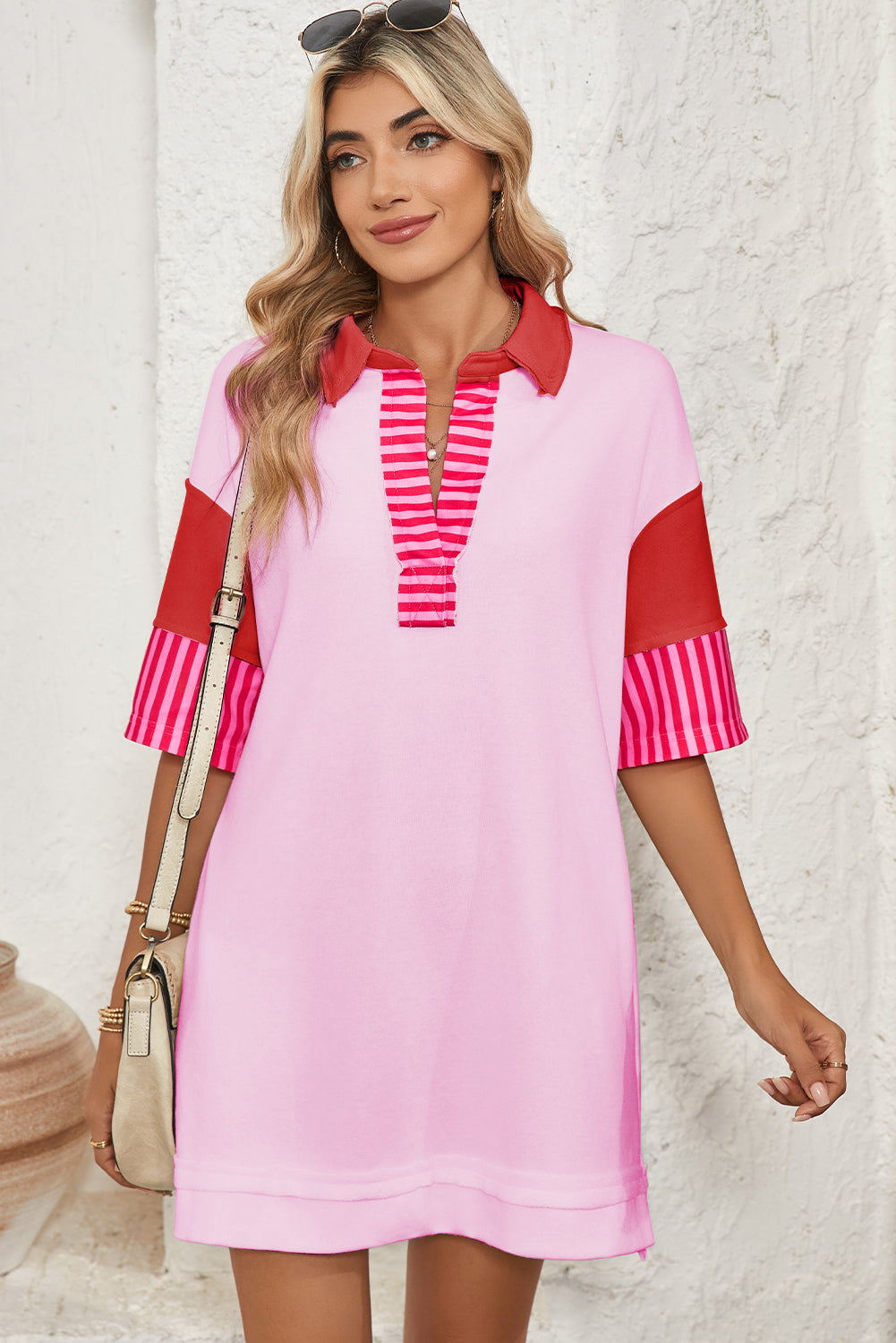 Pink Stripe Colorblock Sleeve Collared Mini Dress