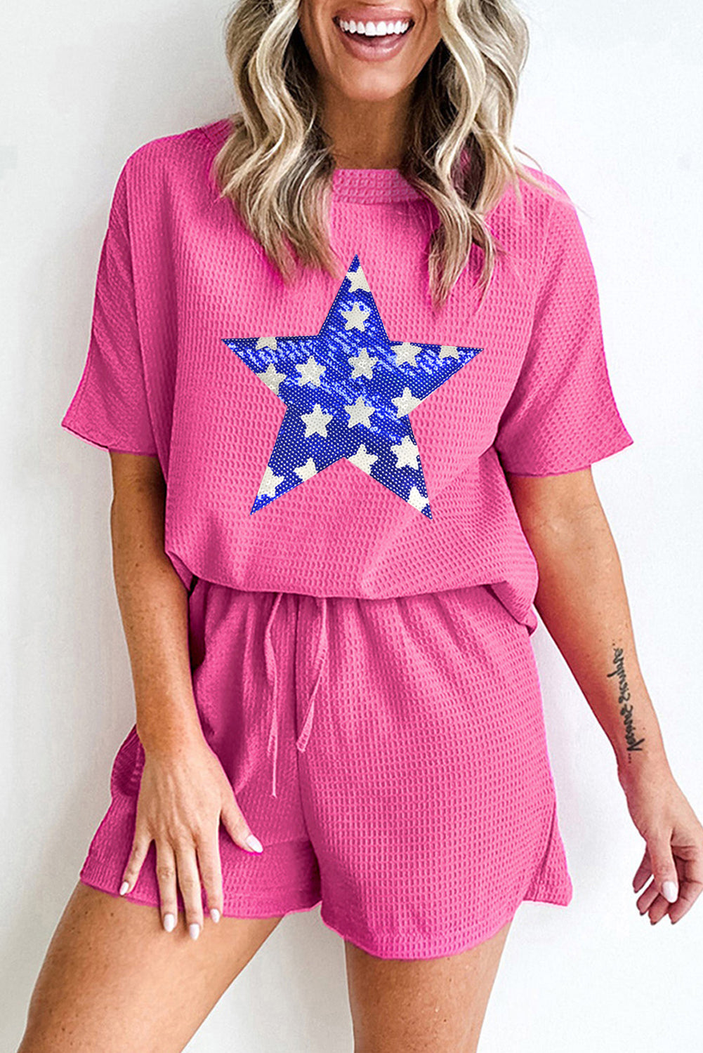 Rose Red Flag Day Sequin Star Waffle Knit Tee and Shorts Set