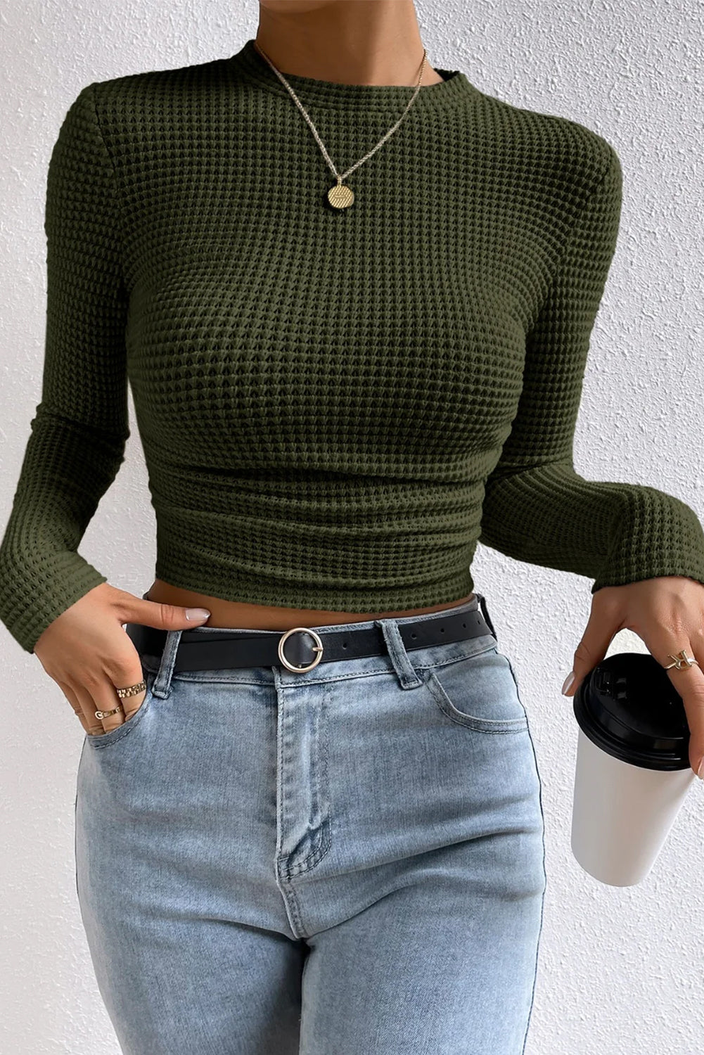 Vineyard Green Waffle Knit Cropped Long Sleeve Top