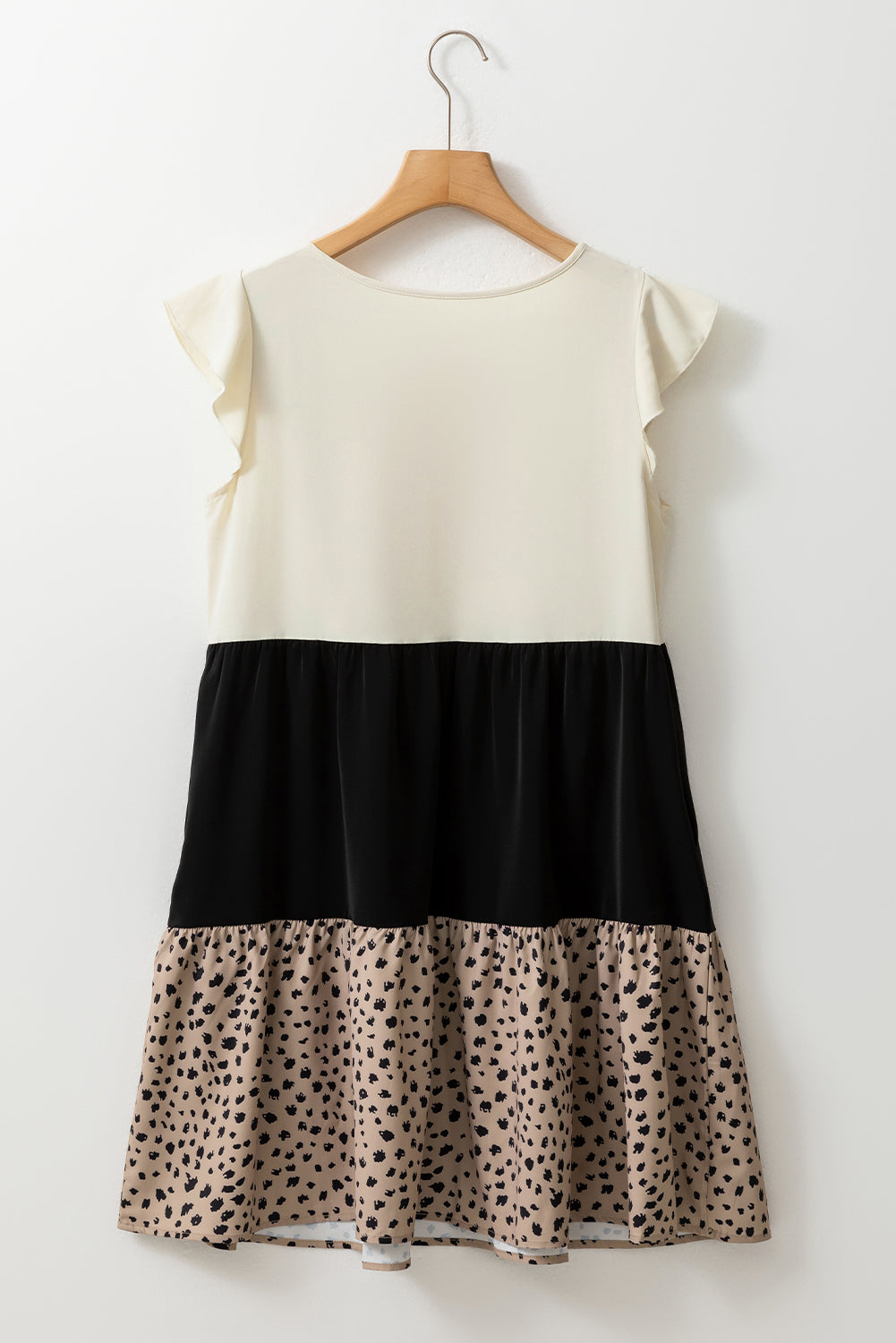 Light Beige Animal Spot Colorblock Flutter Sleeve A-line Dress