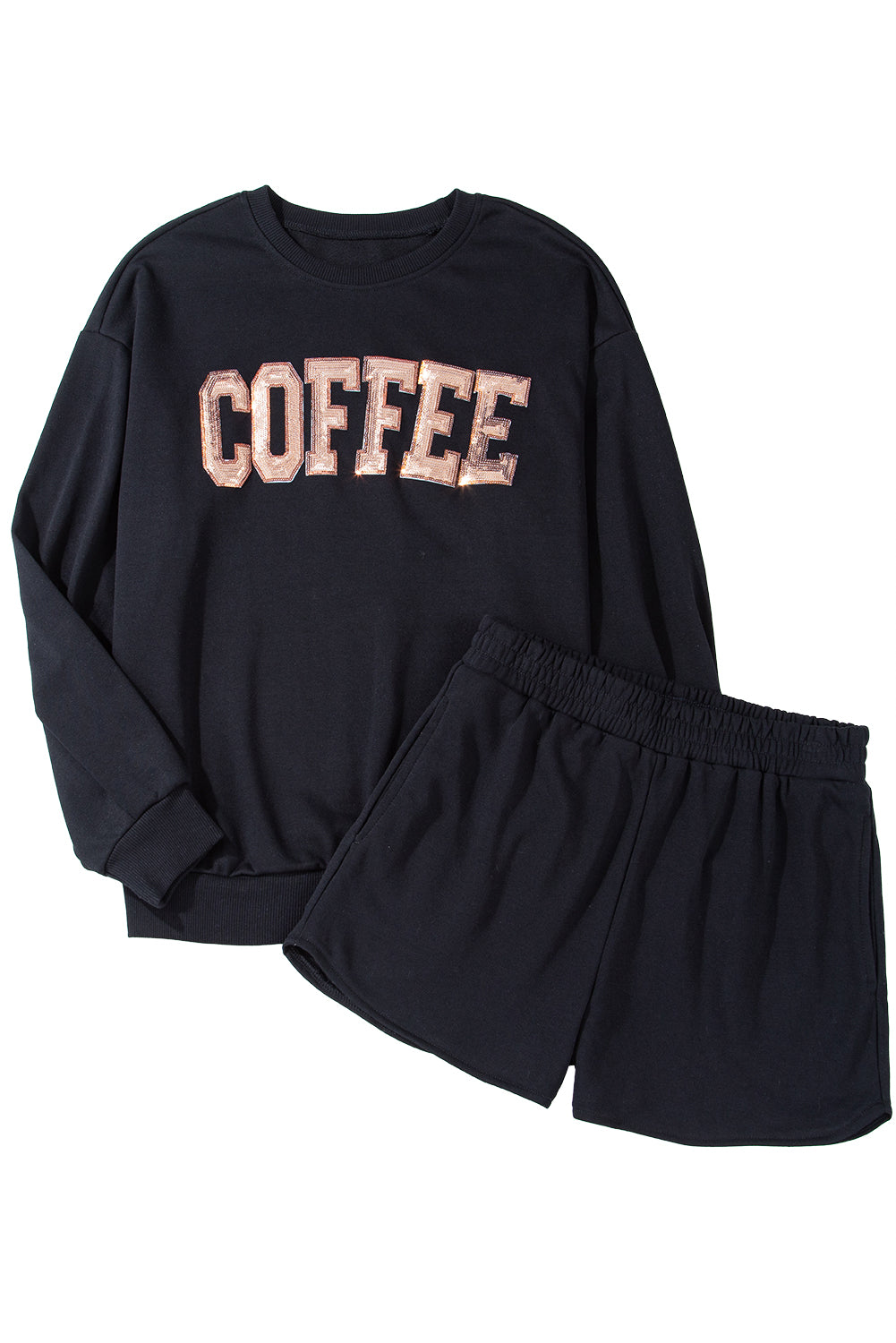 Black Sequins COFFEE Loose Fit Sweatshirt and Shorts Set