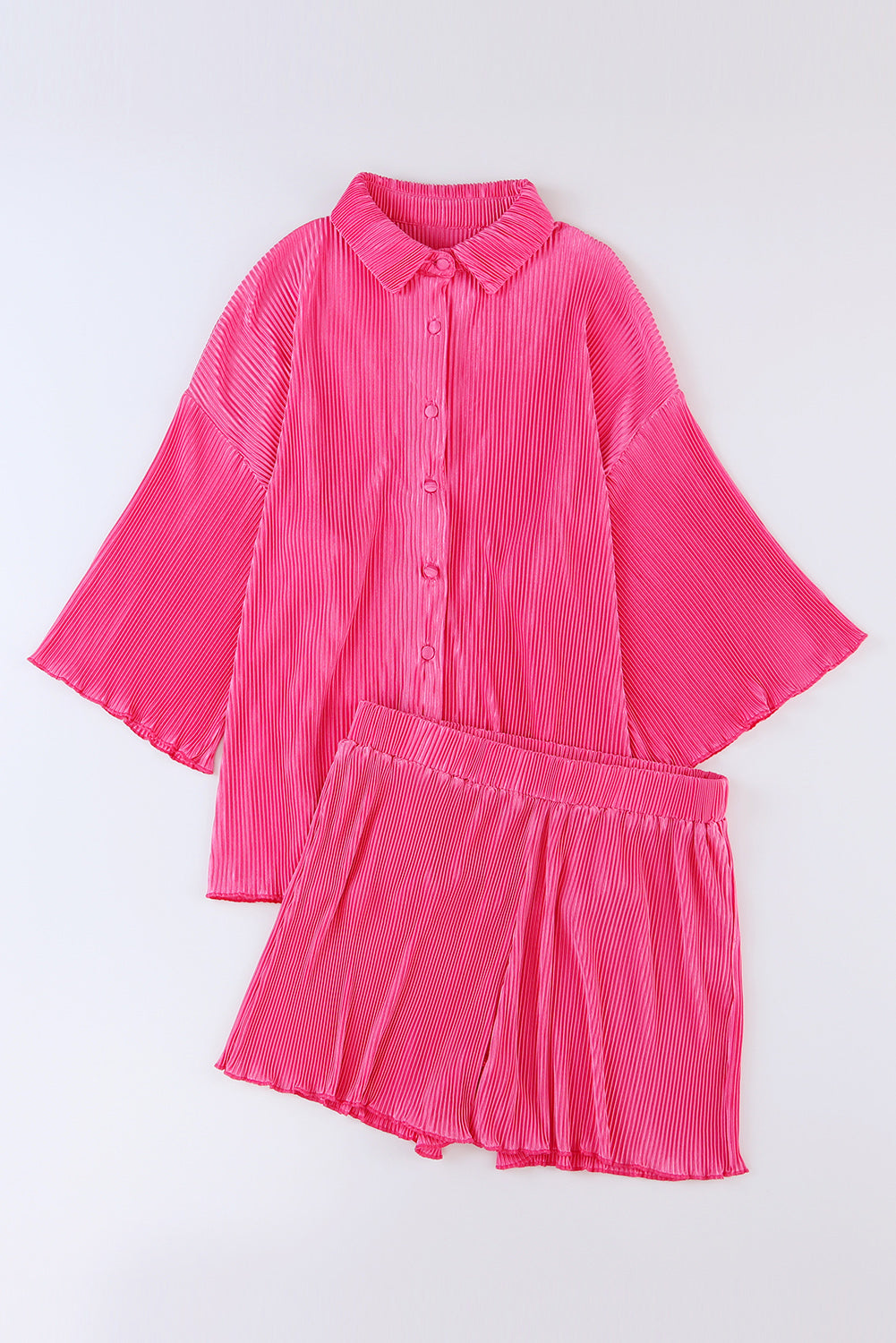 Rose Pleated Button Up Shirt and High Waisted Shorts Loungewear Set