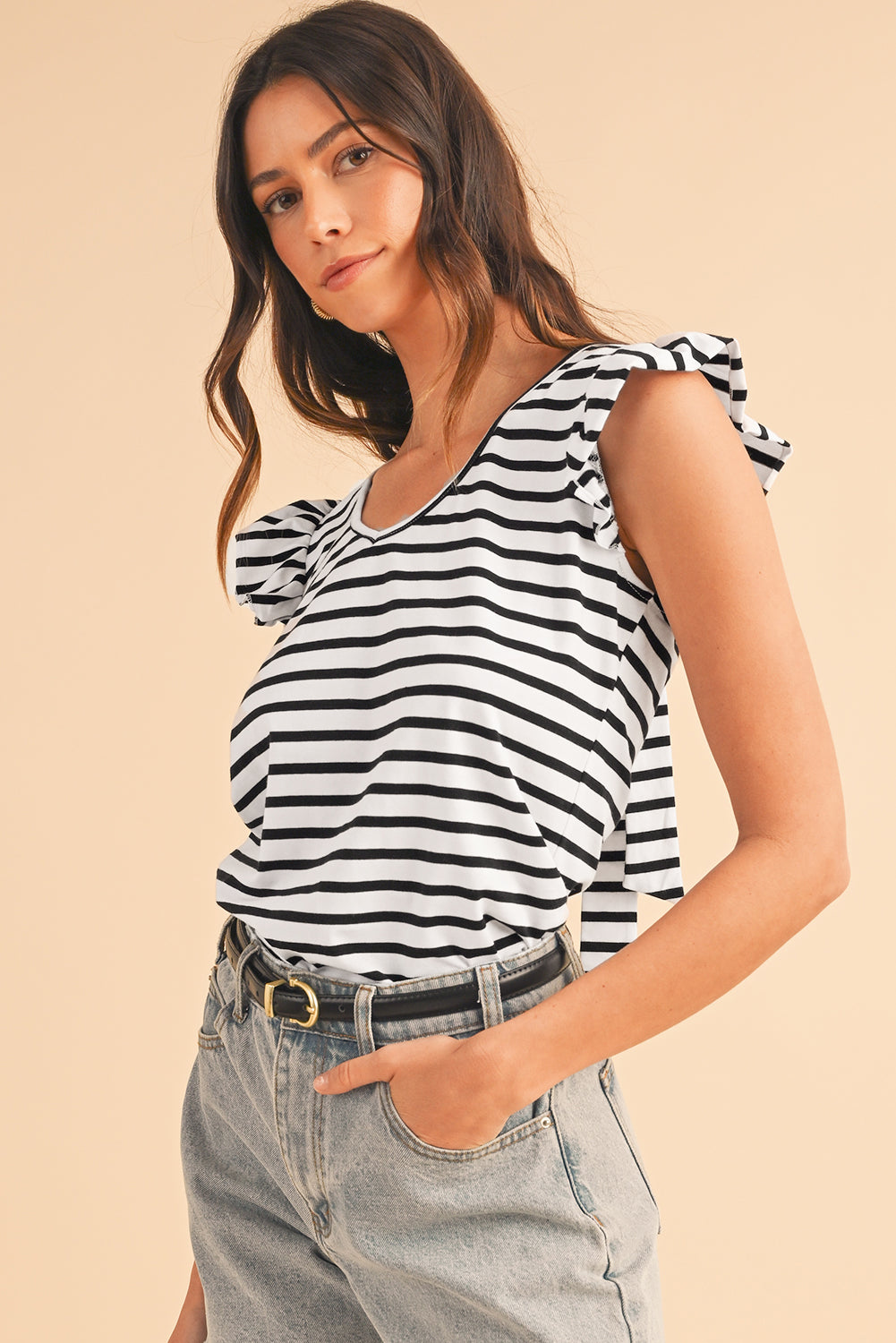 White Stripe V Neck Knotted Backless Ruffle T Shirt