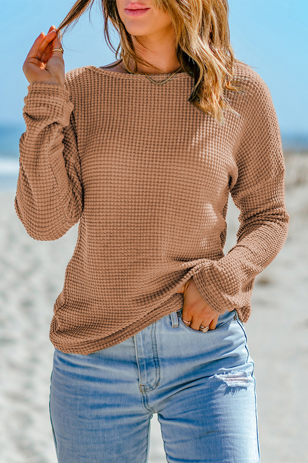 Navy Blue Waffle Knit Drop Shoulder Long Sleeve Top