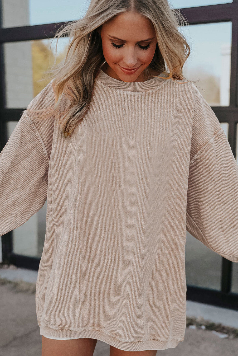 Apricot Drop Shoulder Crinkle Rib Oversized Sweatshirt