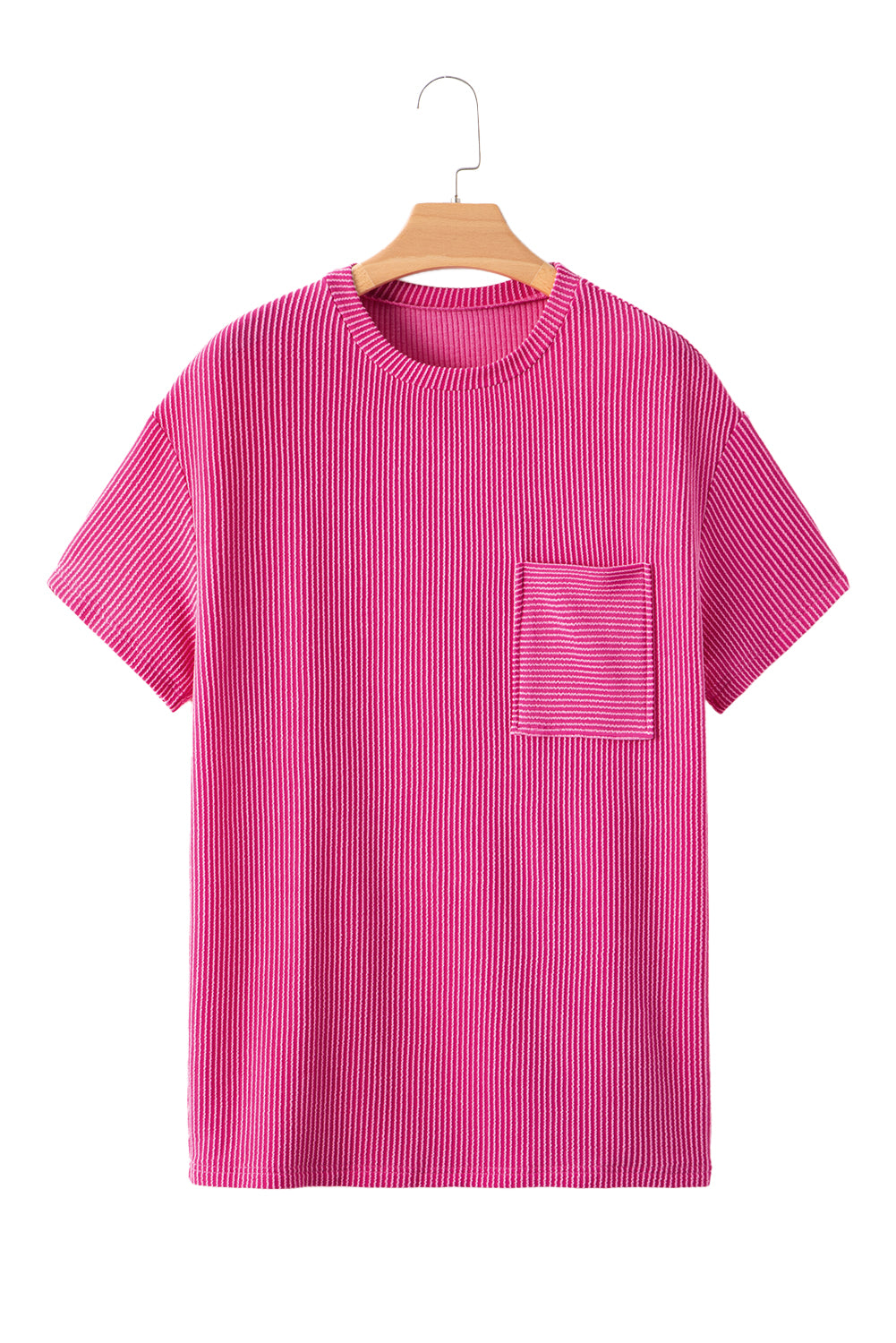 Pink Crinkle Rib Knit Pocketed Loose Fit Crew Neck T Shirt