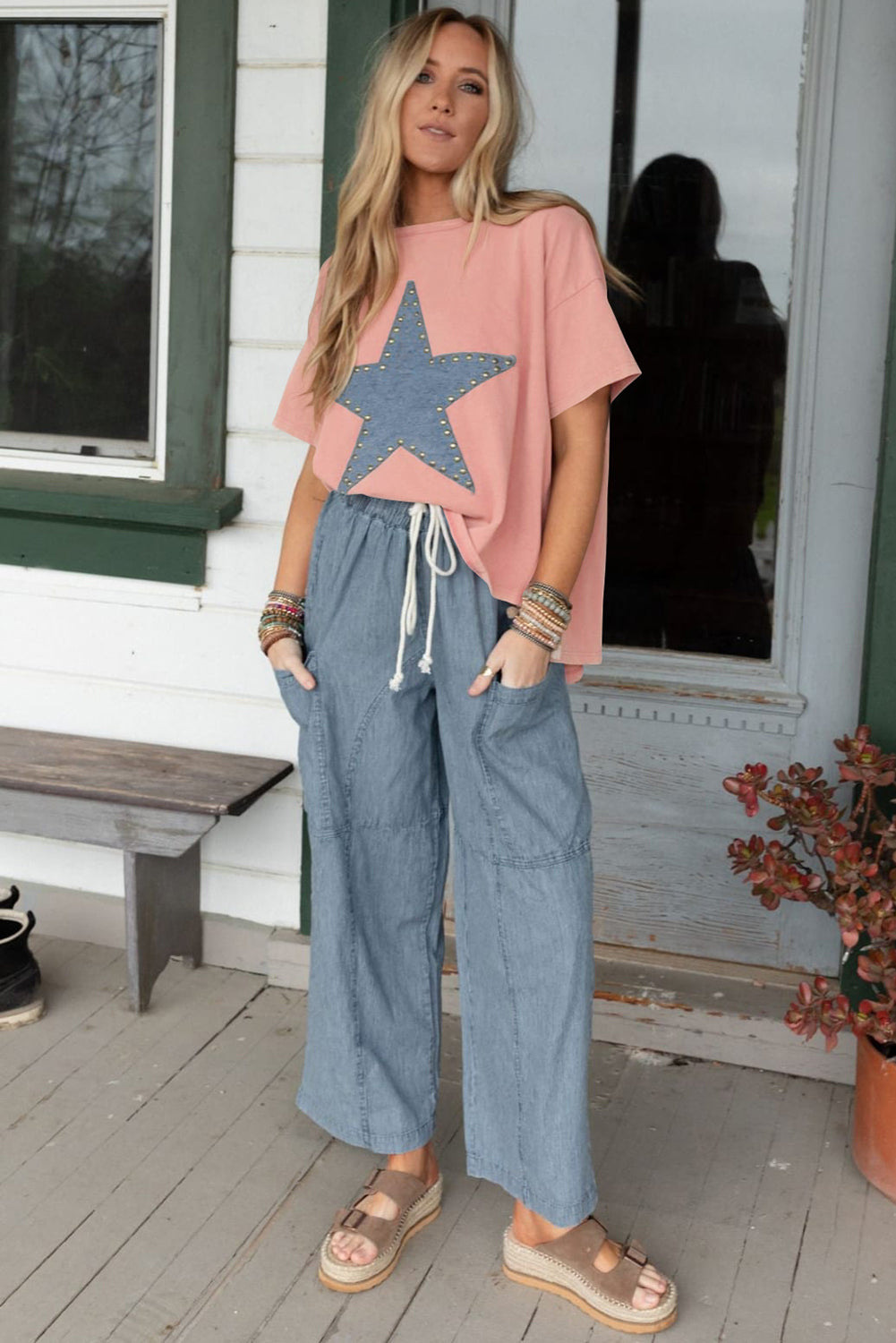 Apricot Pink Studded Star Patch Side Slits High Low Tee