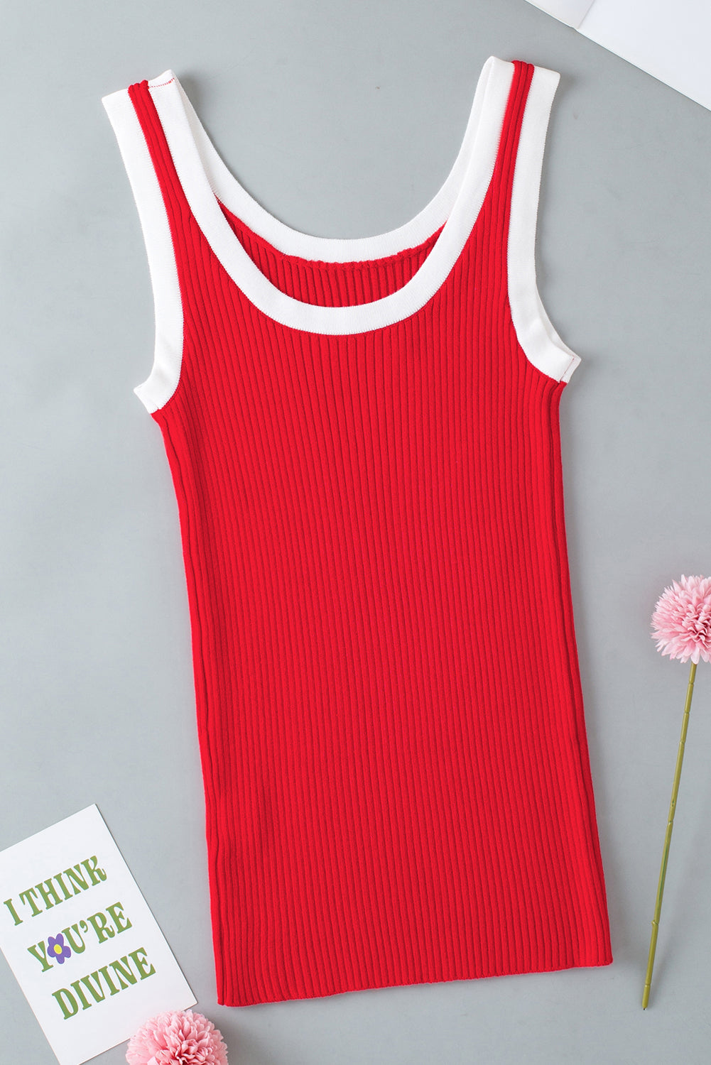 Fiery Red Contrast Trim U Neck Ribbed Knit Tank Top