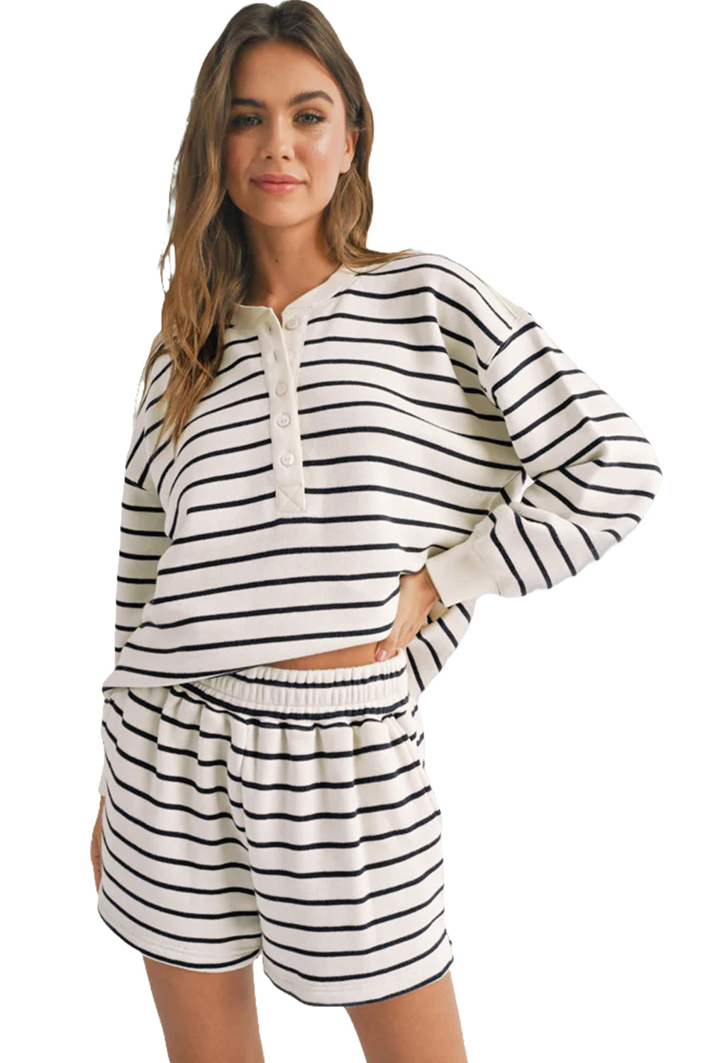 Black White Striped Henley Pullover and Shorts Set