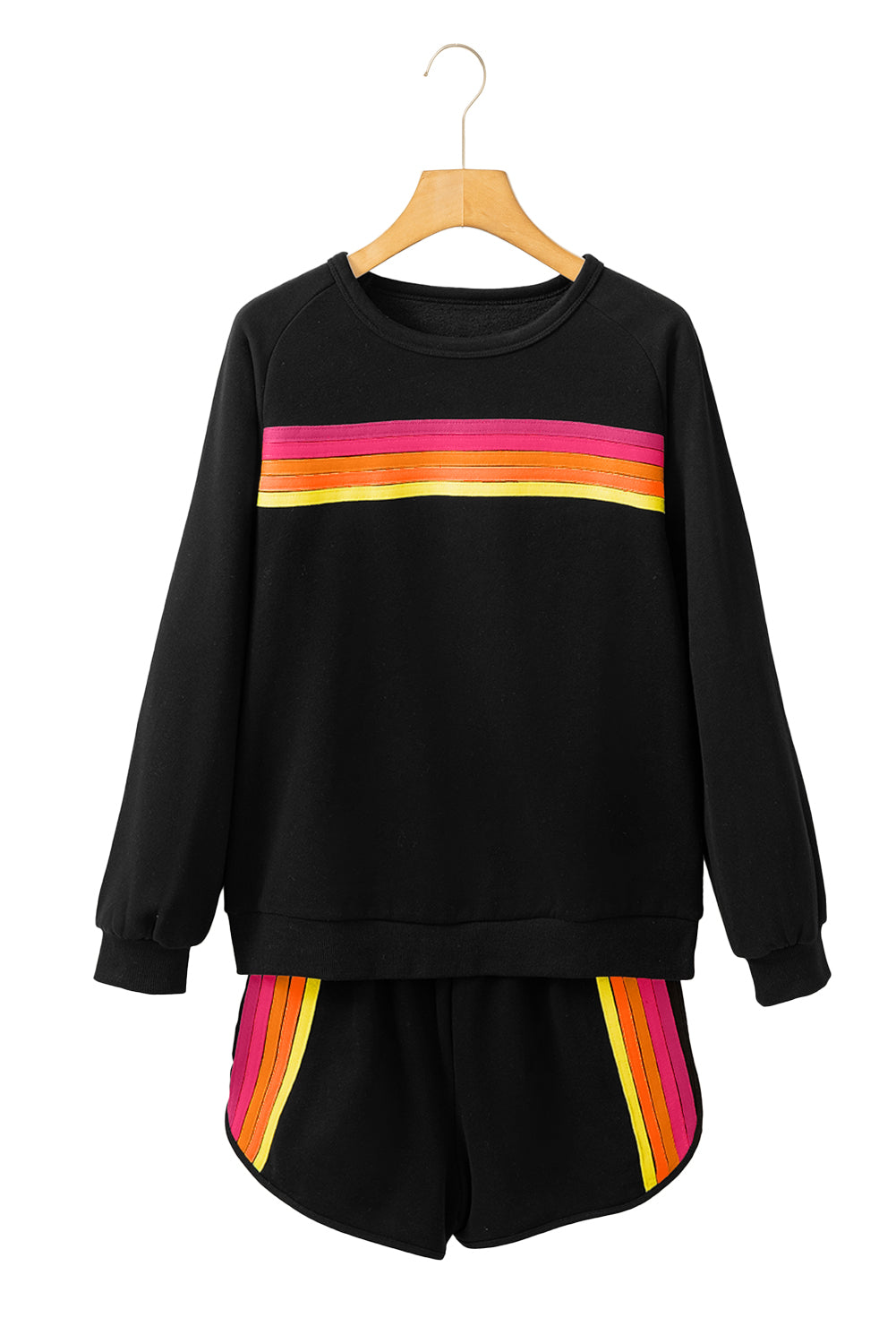 Black Colorful Striped Long Sleeve Pullover and Shorts Set