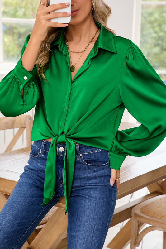 Dark Green Button Down Balloon Sleeve Tie-Front Shirt