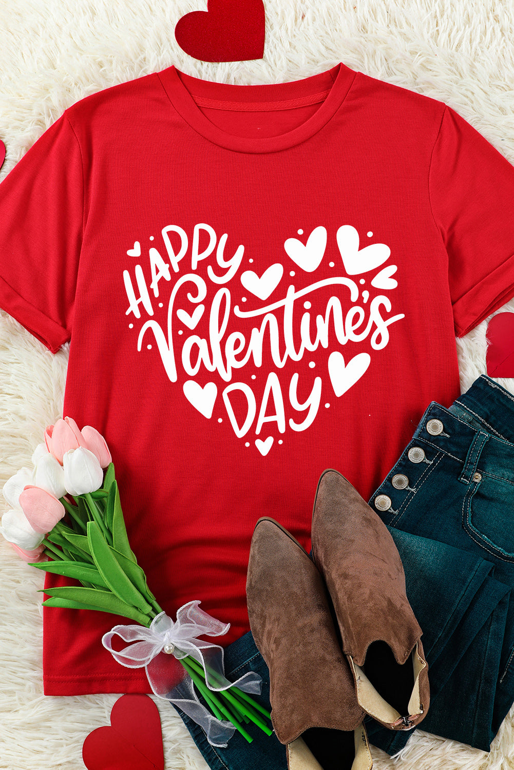 Red HAPPY VALENTINES DAY Slogan Crewneck Tee