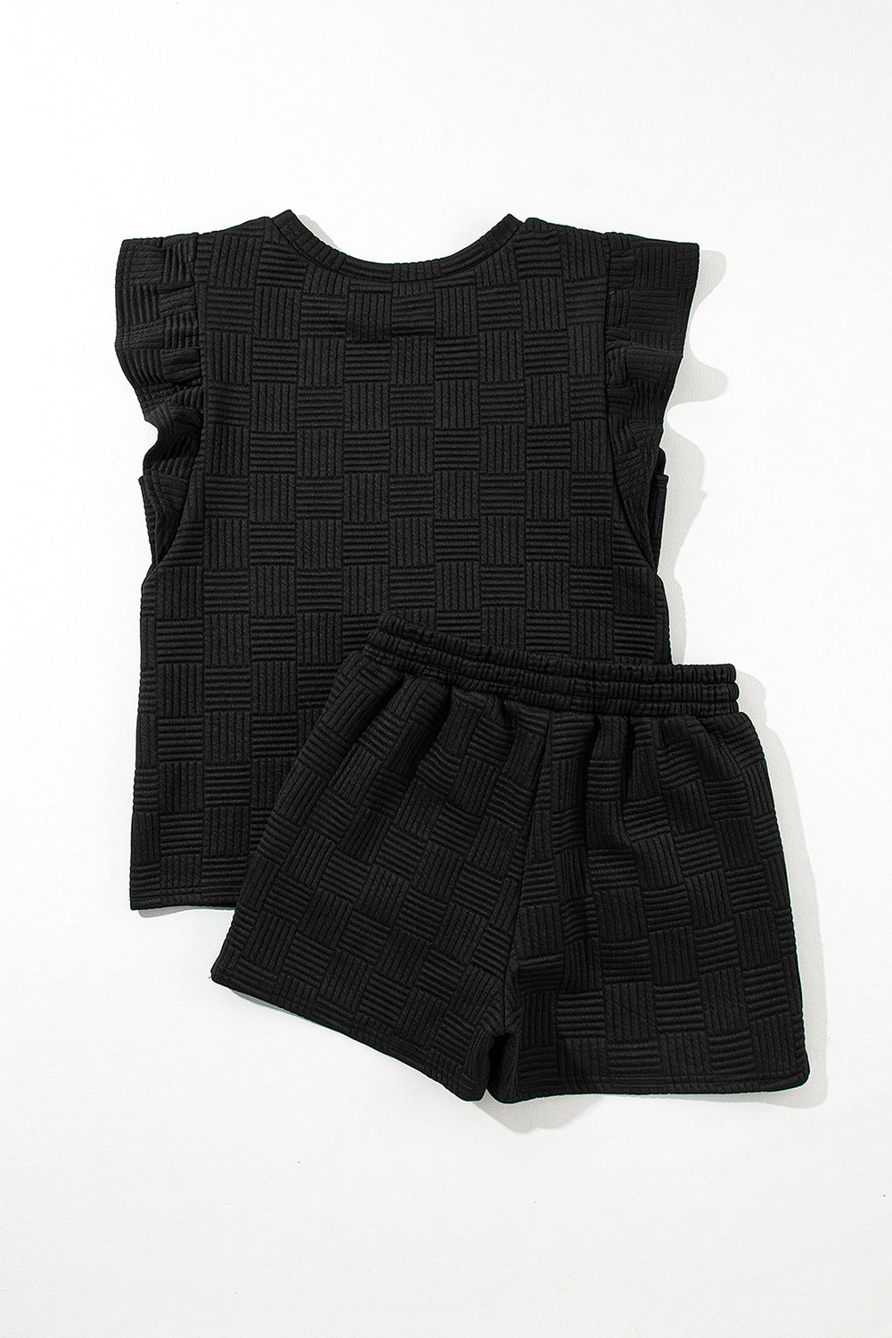 Black Textured Ruffle Sleeve Tee and Drawstring Shorts Set