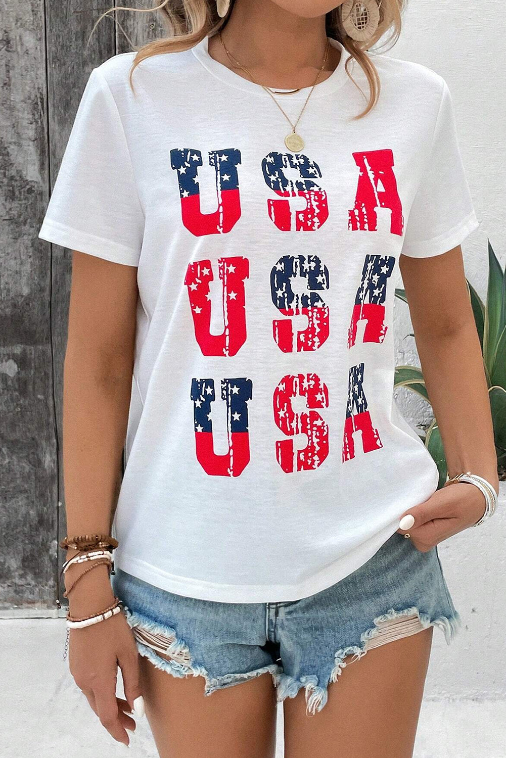 White Flag Day Star USA Graphic Round Neck T Shirt