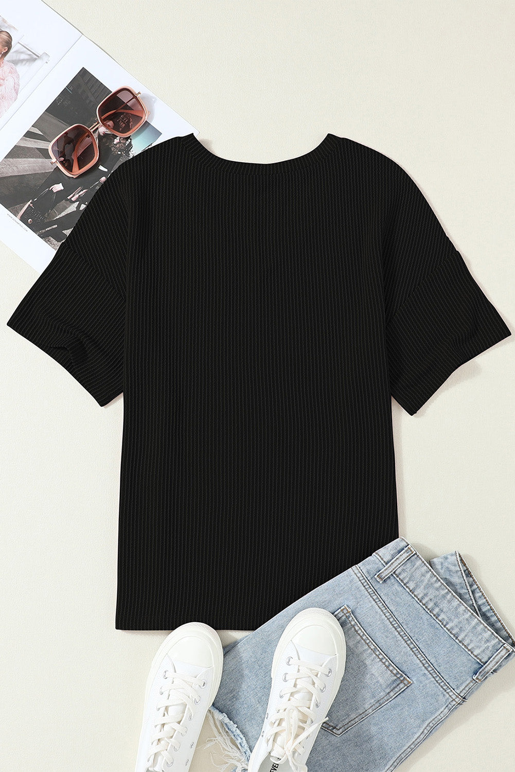 Light Grey Ribbed V Neck Pocket Drop Sleeve T-Shirt