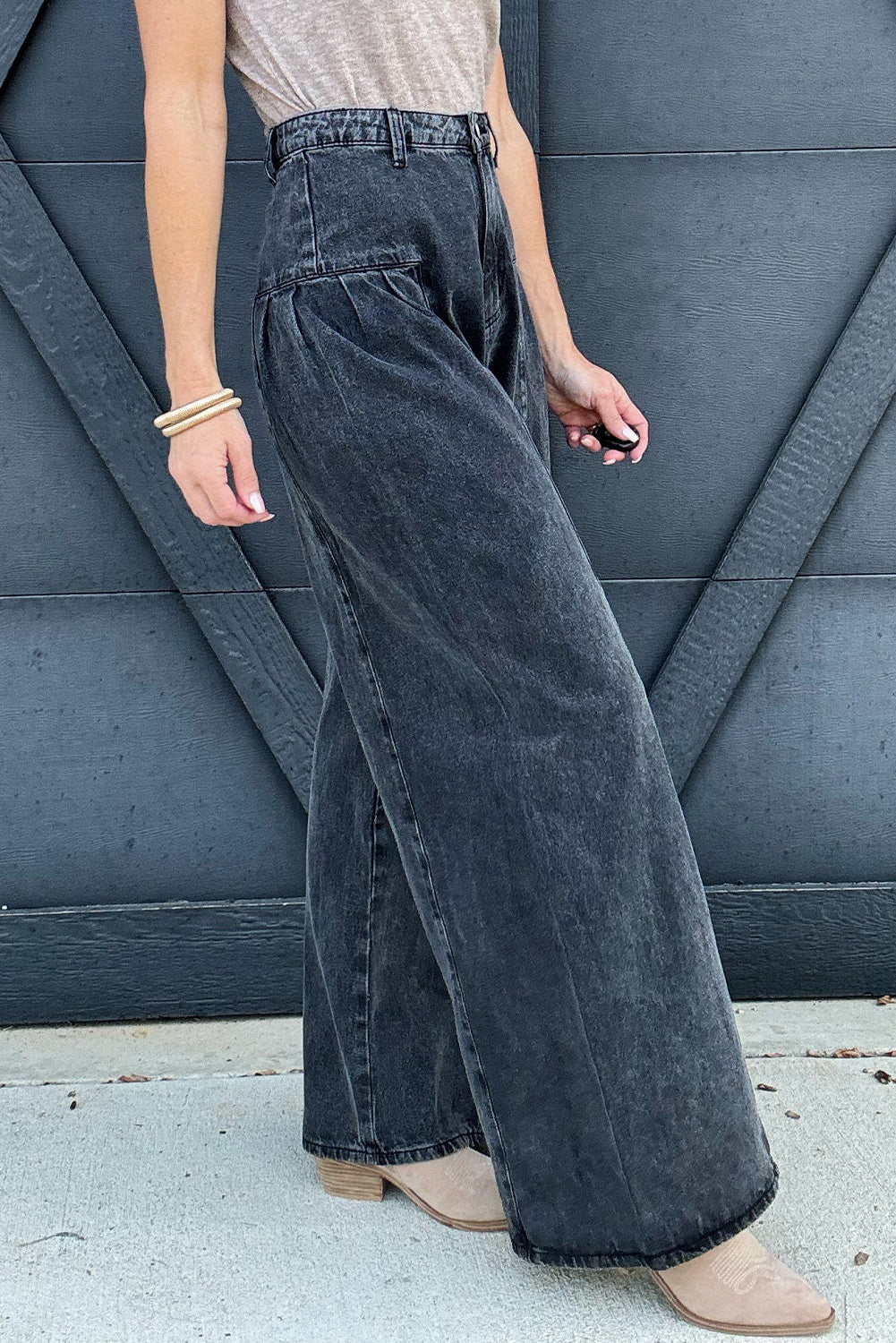 Dark Grey Pleated Wide Leg Mineral Wash Jeans