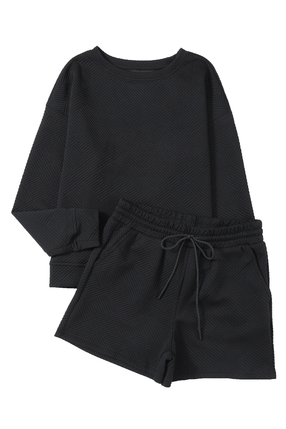 Navy Blue Textured Long Sleeve Top & Drawstring Shorts Set